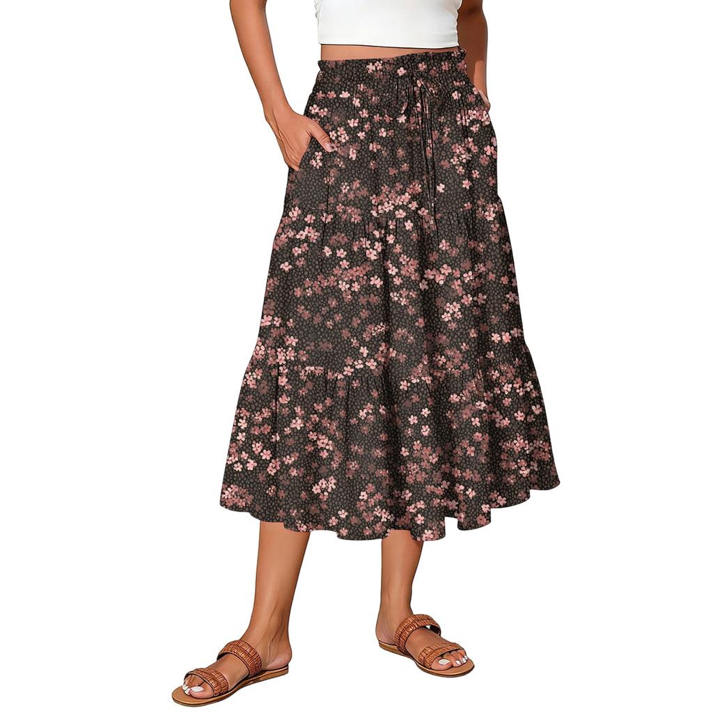 Gonna Maxi da Donna Coulisse Vita Alta Estiva Gonne Lunghe Leggere a Balze Fluide Floreali Plissettate