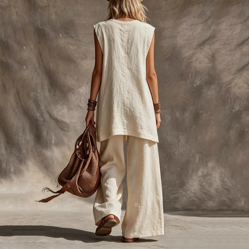 Women's Casual Sleeveless Vest V-neck Top And Pants Set