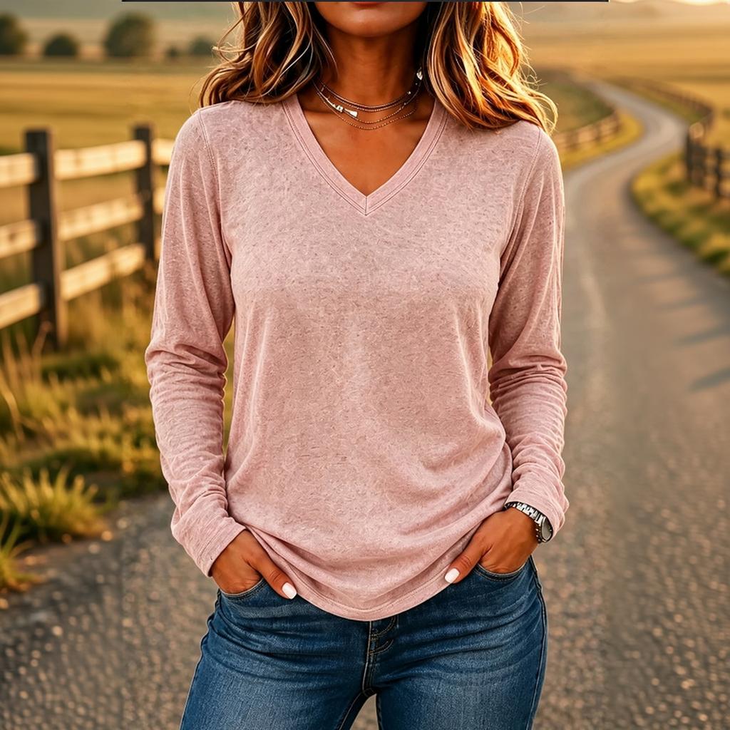 Women's V-Neck Long Sleeve T-Shirt Loose Fit Casual Color Pullover Fall