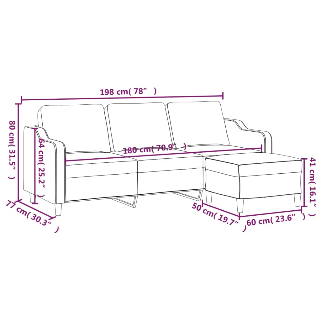 Vidaxl 3-Seater Sofa with Footstool, Light Gray, 180 Cm, Fabric