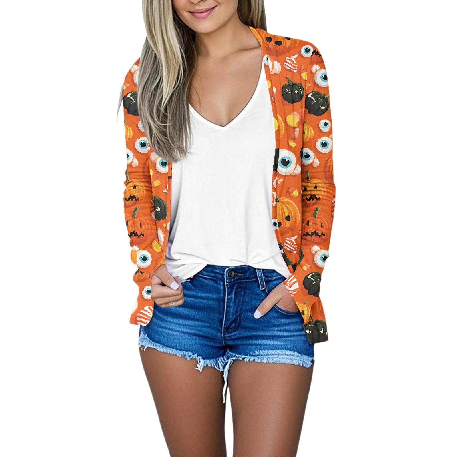 

Ladies Loose Comfortable Casual Fashionable Long Sleeved Cardigan With Halloween Print Top S шафрановий