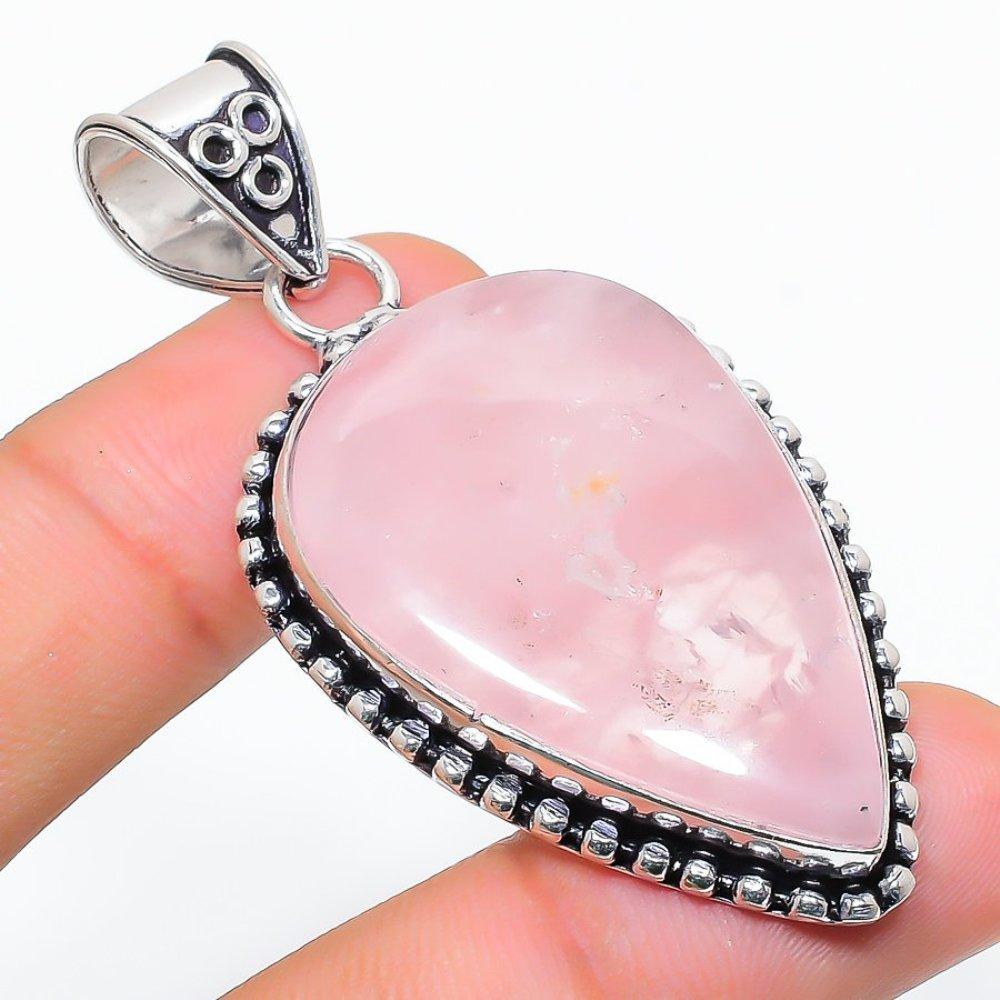 Rose Quartz Gemstone Handmade Ethnic 925 Silver Gift Jewelry Pendant 2.36" r7Q35