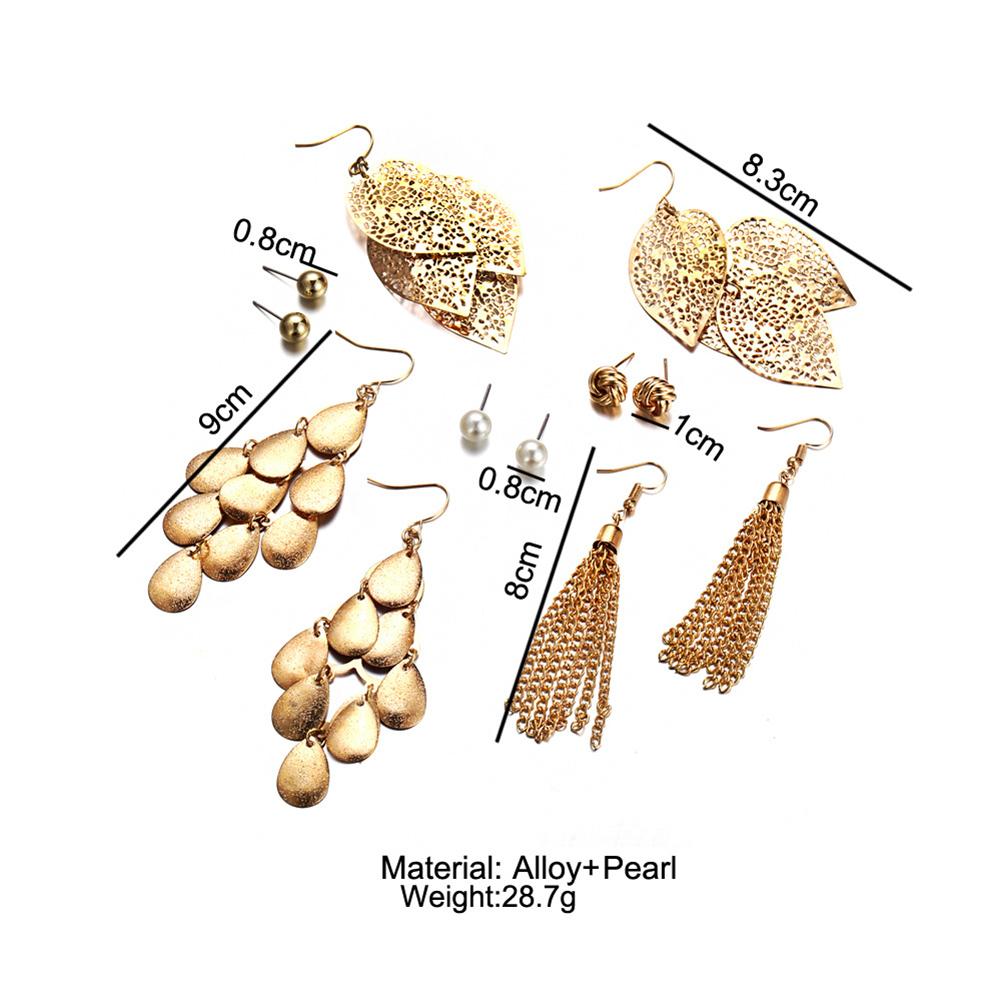 6 Pairs Bohemia Style Golden Jewelry Set Vintage Leaves Long Tassel Stud Earrings Set for Women