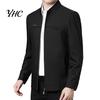Solid Color Men Coat Spring Fall Stand Collar Mid-aged Father Jacket Long Cardigan Sleeve Smooth Zipper Closure Warm Business Style Pockets Winter