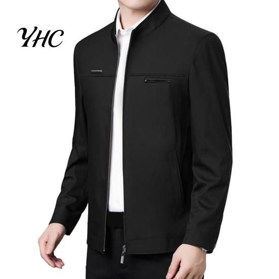 Solid Color Men Coat Spring Fall Stand Collar Mid-aged Father Jacket Long Cardigan Sleeve Smooth Zipper Closure Warm Business Style Pockets Winter
