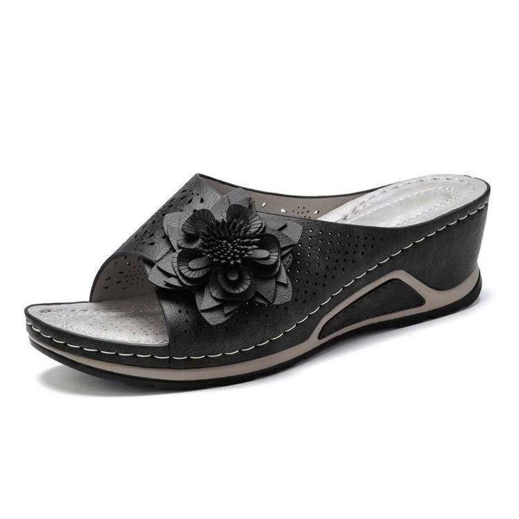 Large size new braided flower casual mother thick bottom slope heel cool slippers heightening woman