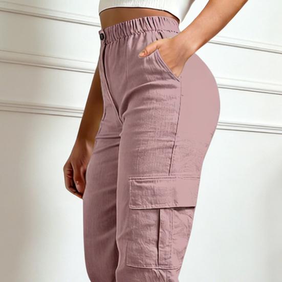 Women Cropped Pants Elastic High Waist Straight Leg Cargo Pants with Pockets Summer Casual Pants Versatile Wear