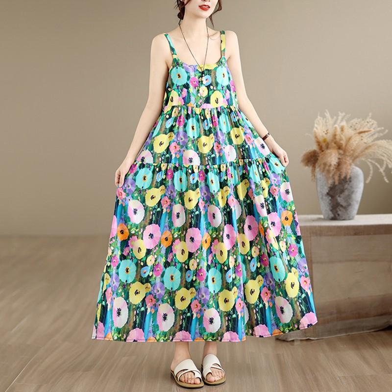 Sleeveless Strap Cotton Vintage Floral New In Dresses For Women Casual Long Summer Dress Elegant Clothing