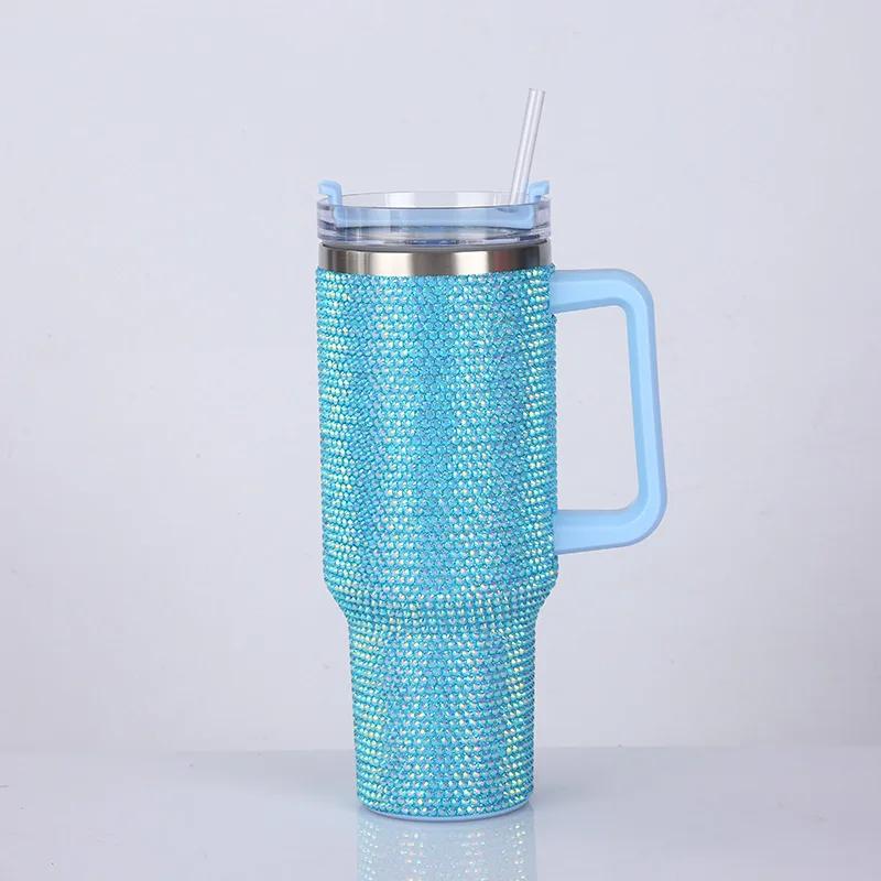 

40oz Rhinestone Tumbler Stainless Steel Straw Women Cup Shiny Diamond Travel Car Thermoses Coffee Mug Water Bottle Drinkware 40oz синий