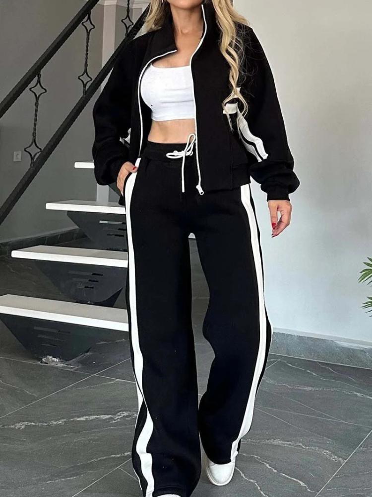 

Женский укороченный жакет с капюшоном в белую и красную полоску и комплект спортивных брюк с широкими штанинами 5XL чёрный