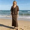 Completi estivi da donna a 2 pezzi con gonna, Top con maniche corte a sbuffo e allacciatura frontale, Gonna lunga a vita alta, Abiti casual per spiaggia e vacanze