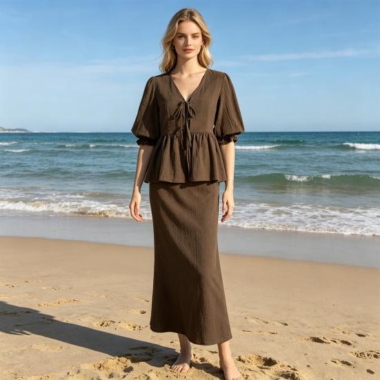 Completi estivi da donna a 2 pezzi con gonna, Top con maniche corte a sbuffo e allacciatura frontale, Gonna lunga a vita alta, Abiti casual per spiaggia e vacanze