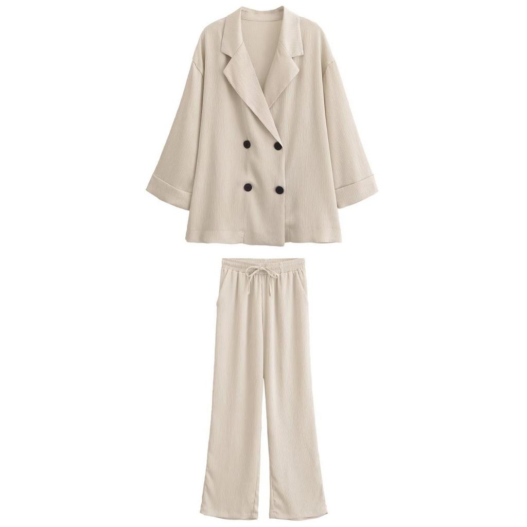 Summer Women's Wrinkle Effect Suit Jacket + Pants Suit Women