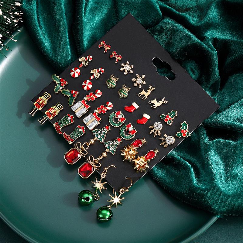 Christmas Earring Set For Women Shiny Crystal Zircon Snowflake Elk Bowknot Elk Xmas Tree Earring Girl New Year Gifts