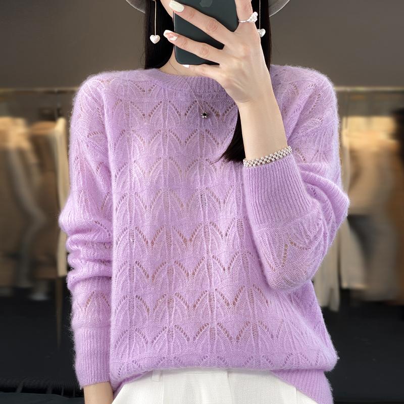 Women's Clothing Sweater Spring and Autumn Knitted Hollow Top Merino Wool O-Neck Pullover Cashmere Sweater