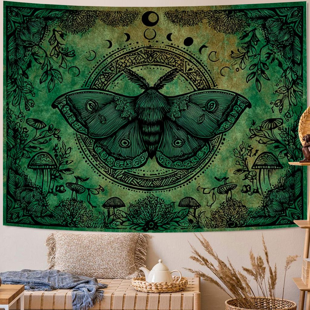 Luna Moth Tapestry, Witchy Print with Moon Phases, Mushrooms & Botanical Details, Green Wall Hanging for Bedroom, Occult Decor