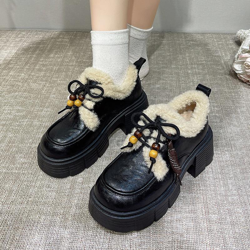 Winter Fluffy Shoes Women's 2025 New British Style Small Leather Shoes, Plush Thick-soled Warm Cotton Shoes, Casual Snow Shoes