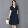 Robe coréenne élégante ample simple pour femme, mode intellectuelle, décontractée, manches courtes, poches, cordon de serrage
