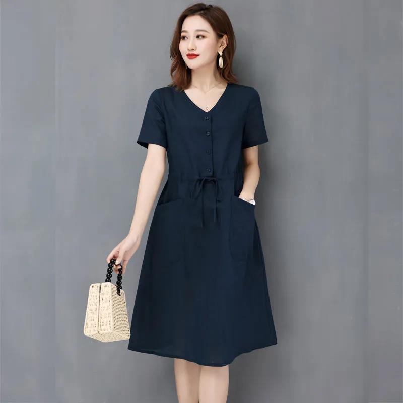 Robe coréenne élégante ample simple pour femme, mode intellectuelle, décontractée, manches courtes, poches, cordon de serrage