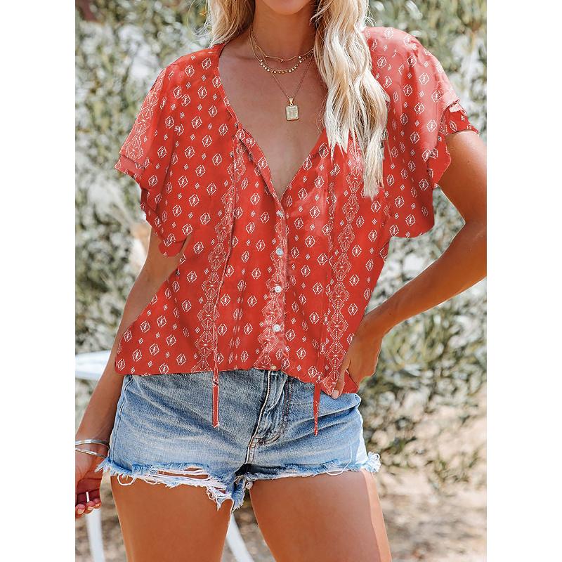 2026 New Printed Women's Summer V-Neck Half-Open Short-Sleeve Loose Casual T-Shirt