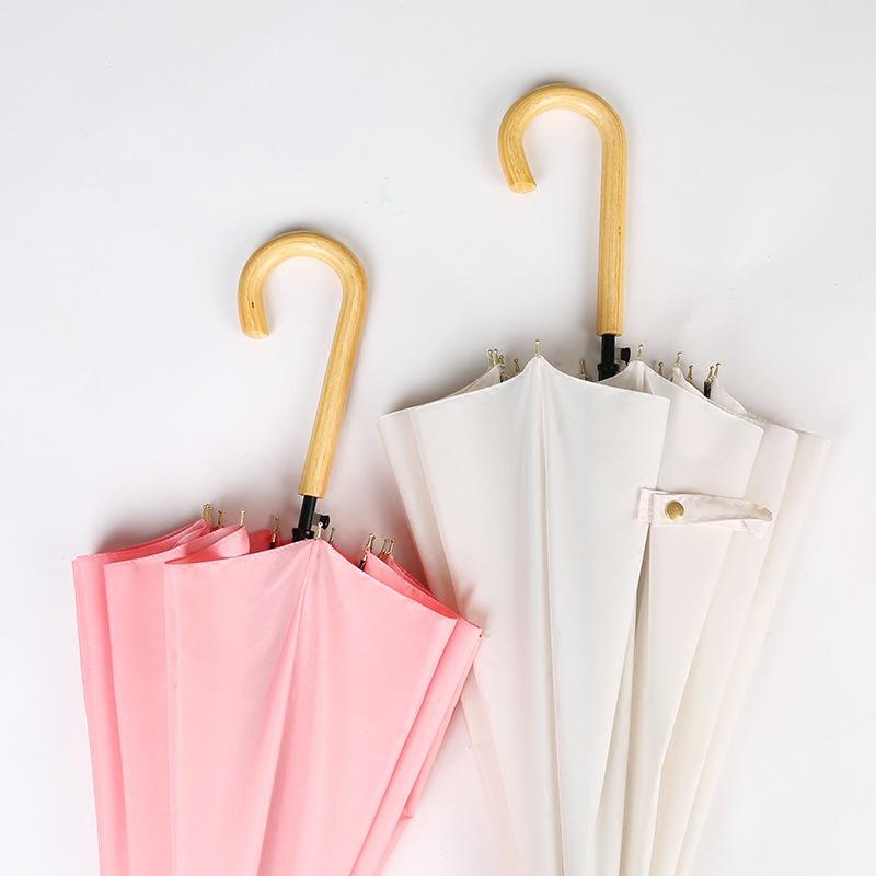 Long handle 16 bone umbrella Automatic umbrella Reinforced simple small fresh wooden handle sunny umbrella Advertising umbrella can be printed with
