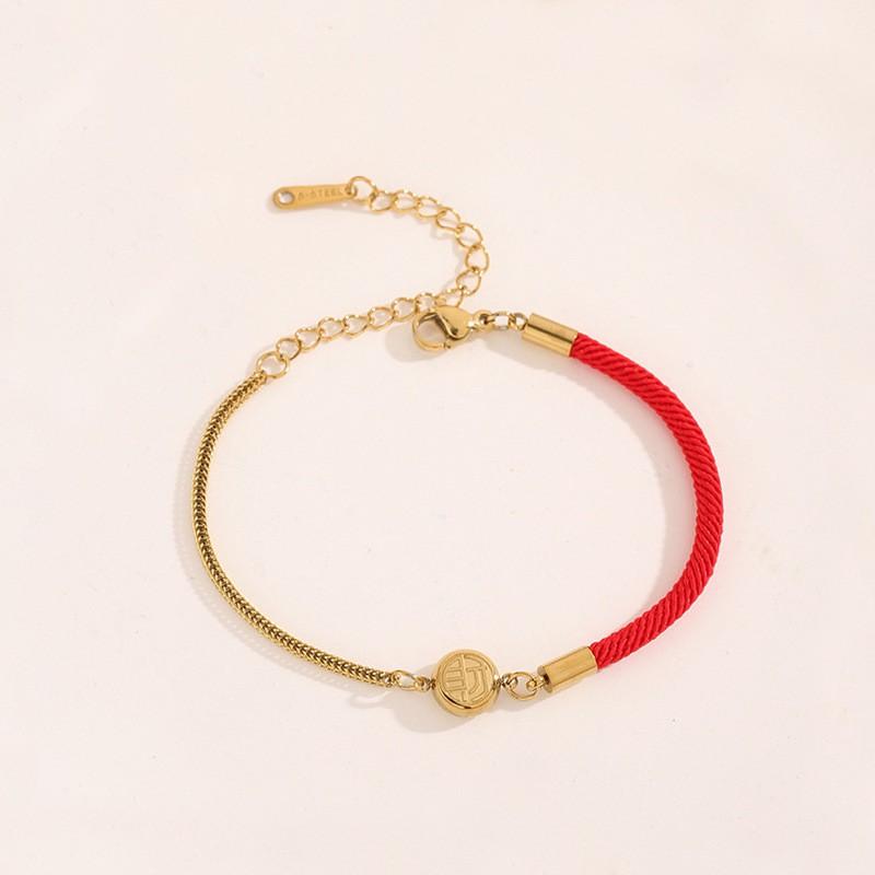 Gold Plated Titanium Steel Lucky Chinese Fu Charm Braided Rope Bracelet Women Fashionable Handmade Wristband