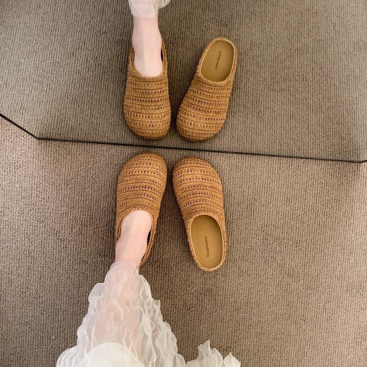 

Французский нишевый сетчатый полый дышащий мешок на голову полушлепанцы женские 2025 лето новая обувь римские сандалии на платформе 40 верблюд