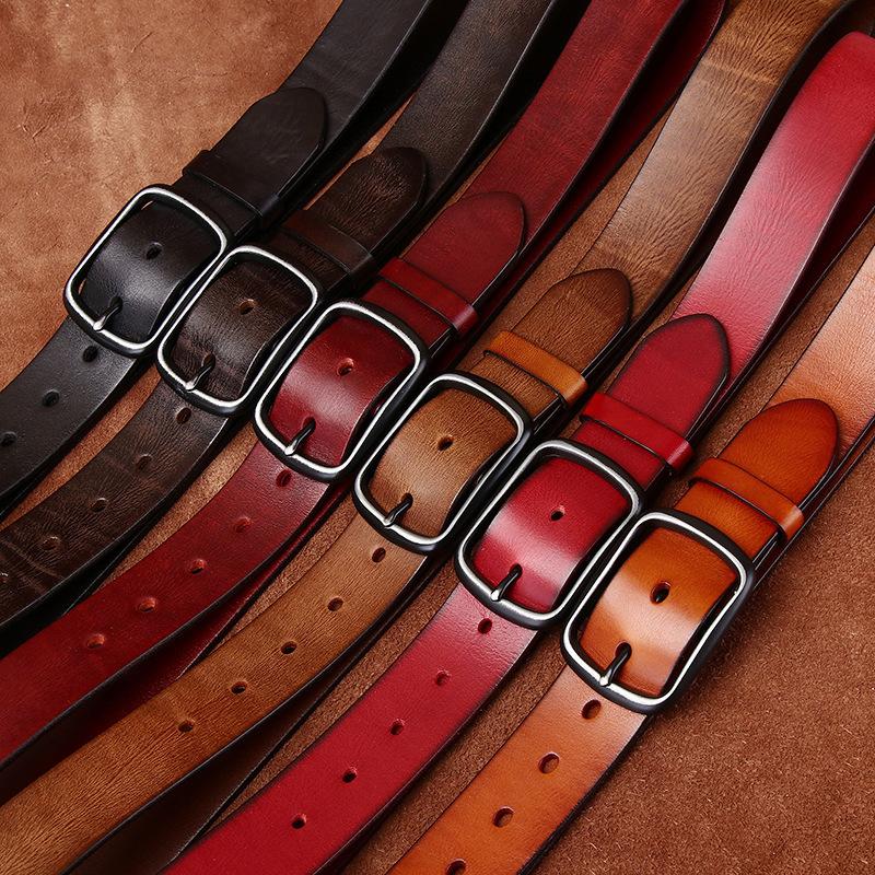 Pánský pásek sepraný Vintage nouzový emboss Pravá kůže Cattlehide Univerzální Neformální džíny Pásek se špendlíkovou přezkou Pánské