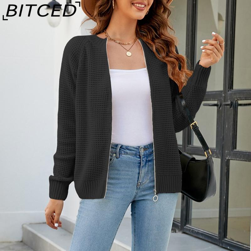 BITCED Autumn/Winter Women's Solid Colour Zip-Up O-Neck Knitted Cardigan