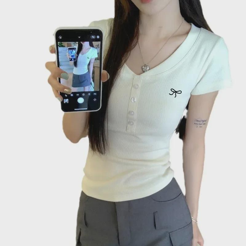 2025 Summer V-neck Bow Embroidery Short-Sleeve T-shirt for Women: Stylish, Slimming, and Versatile Top