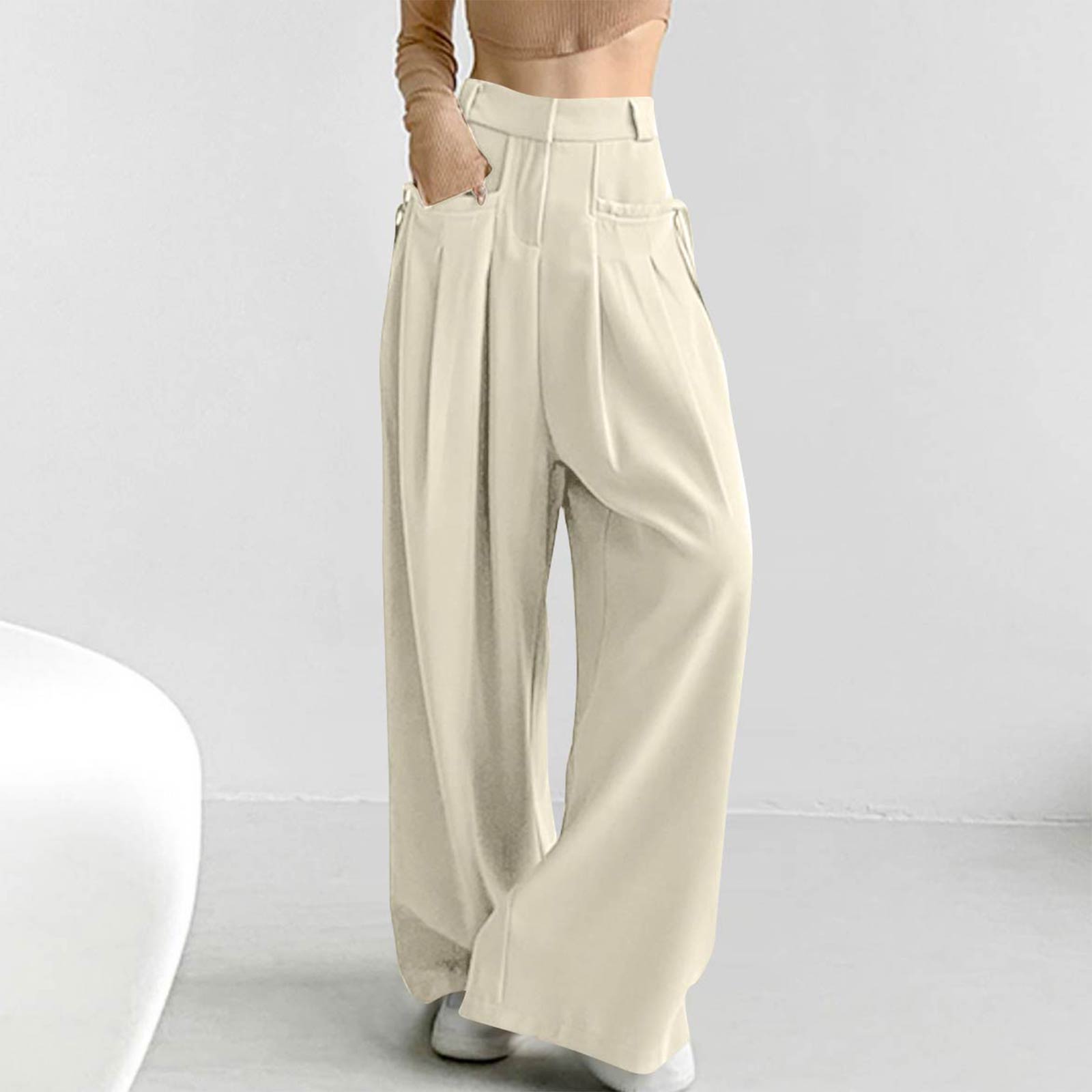 

Women s Casual Loose Fit Flattering High-Waisted Wide Leg Pants With Side Tie Detail Retro- Trousers L бежевый