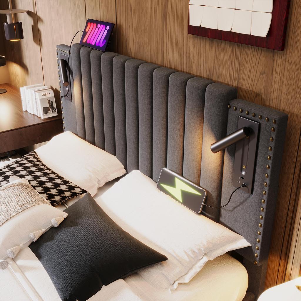 Doppelbett Polsterbett 140x200cm Hydraulisch Stauraum Bettkasten Lattenrost USB Ladefunktion Leselicht verstellbares Kopfteil Baumwolle Grau