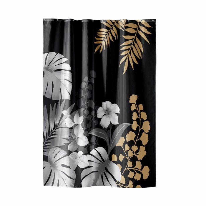 Rideau de douche - EDEN - Motif feuillage - 180 x 200 cm - 100% polyester - Noir, argenté et doré