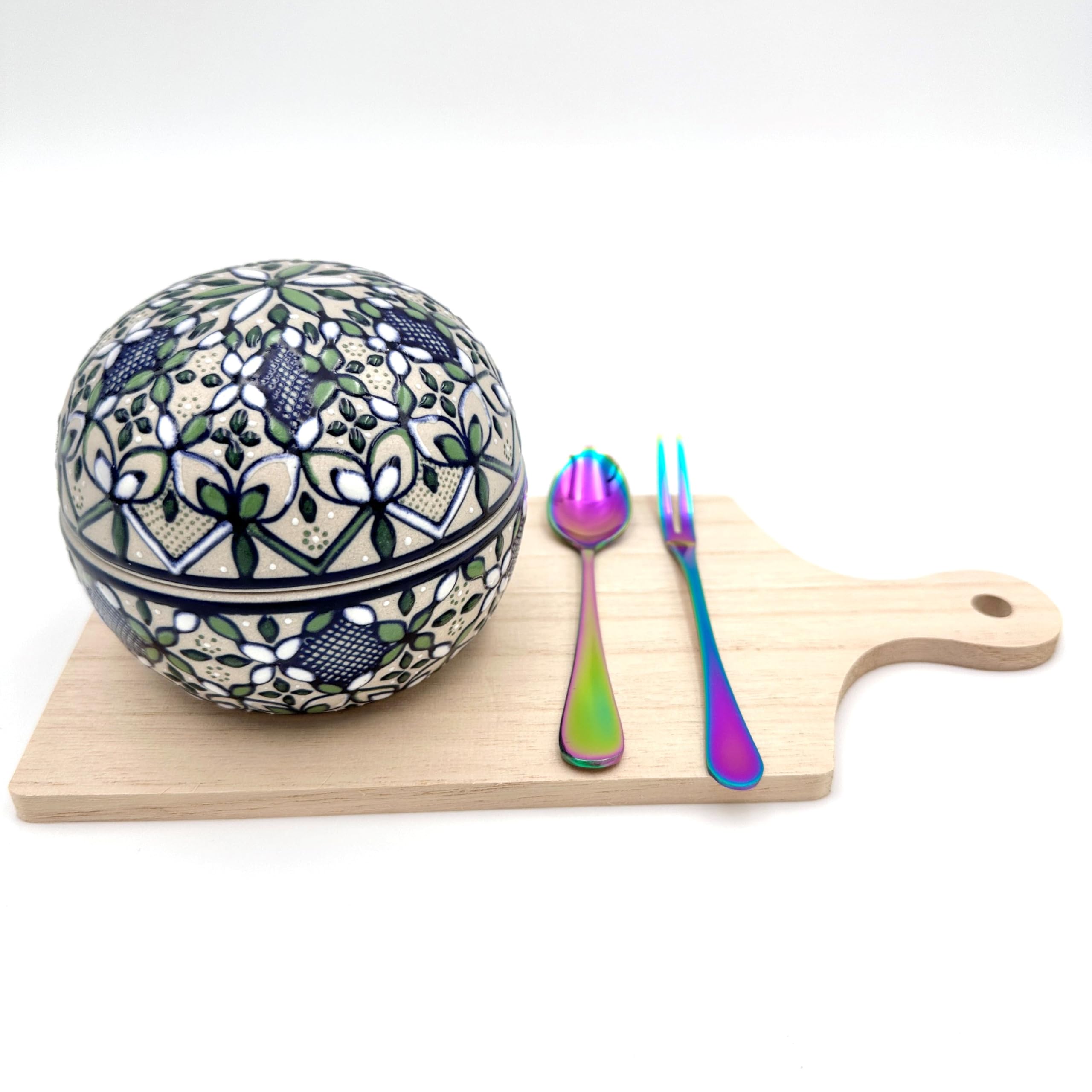 

Mexican Servin Pottery Container Set with Lid, 270ml Capacity, 8.4cm Diameter, 8.2cm Height (Includes Cutting Board, Spoon, and Fork) [Used]