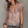 Women Short Sleeve Floral Print Ruffle Detail Button Front Chiffon Blouse Pink