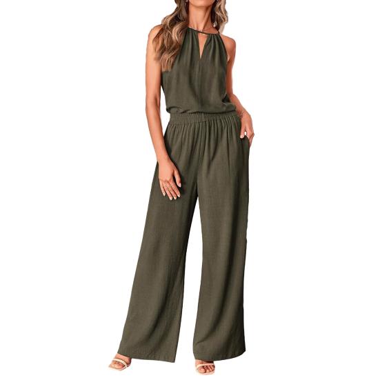Women's Summer 2-Piece Outfit Casual Sleeveless Halter Top Wide Leg Pants Set Summer Cotton Linen Lounge Suit