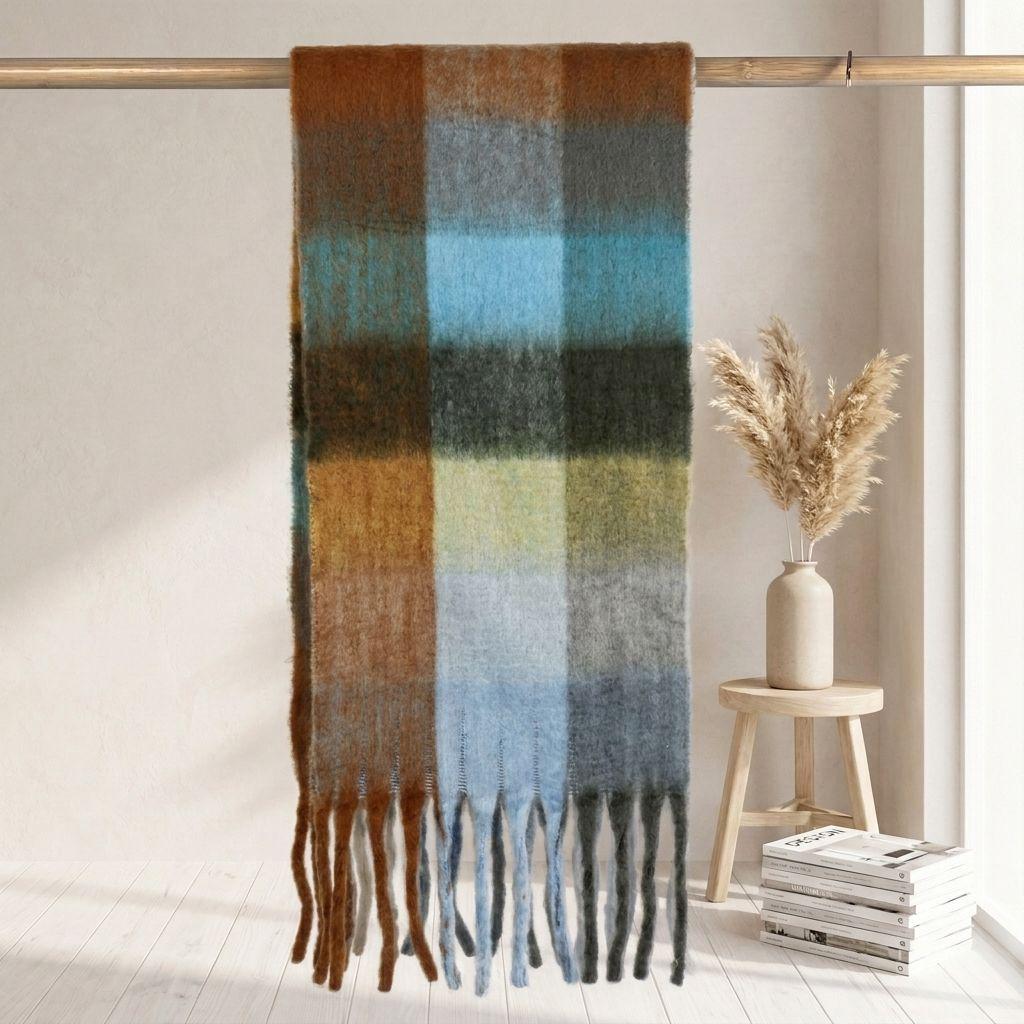 Women's High-Grade Colorful Plaid Mohair Scarf - Thick, Warm, and Versatile for Winter