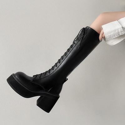 2025 New Autumn and Winter Knight Boots Women's Thick-soled Small Medium-length Velvet Martin Boots Tall White Locomotive Boots