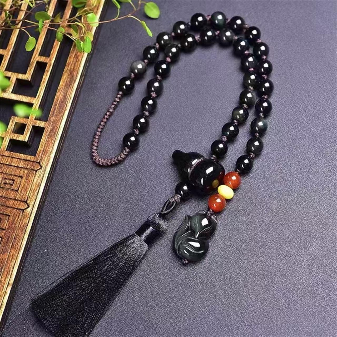 Natural Crystal Car Hanger 8mm Beads Gourd Fox Black Obsidian Car Hanger One Size
