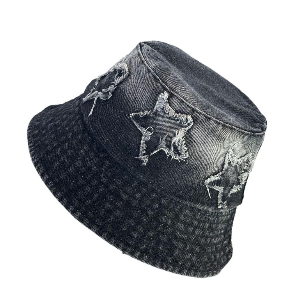 New pentagram patch gradual change denim bucket hat lady sweet retro street versatile bucket hat casual