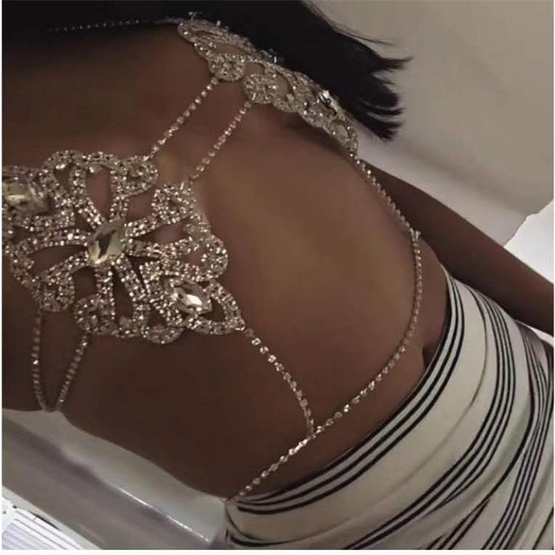 Xqwewanticedd Women's Gold/Silver/White European And American Retro Sexy Rhinestone Body Chain, Sexy Hollow Lotus Leaf Bikini Bra Chain Accessories