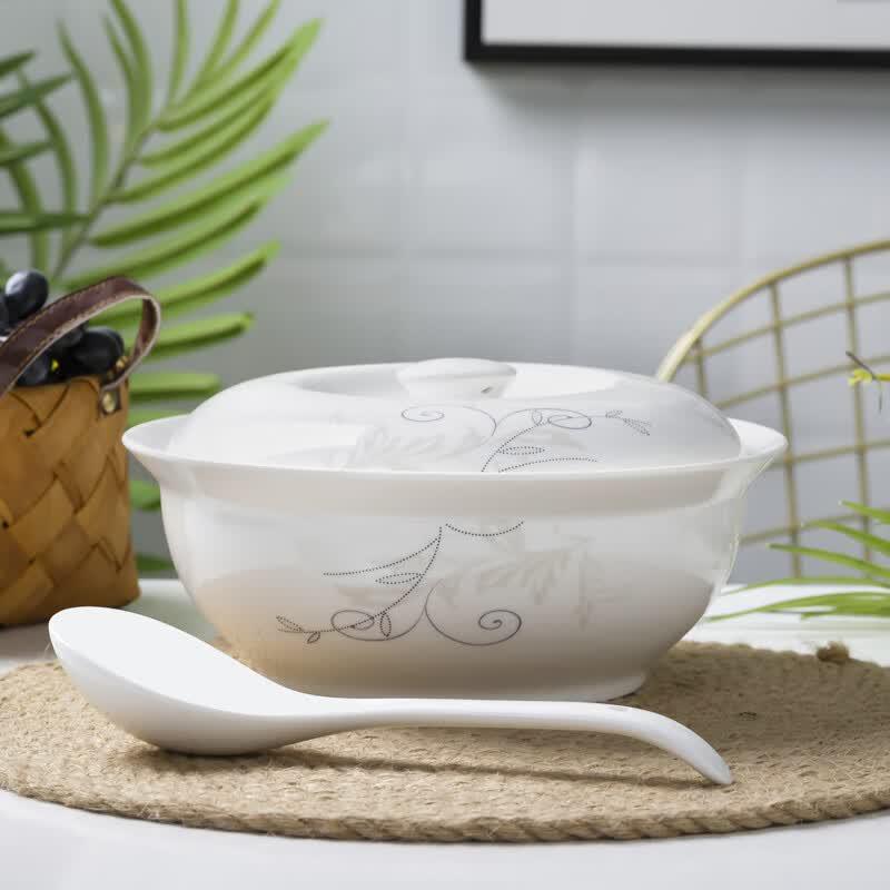 Large Ceramic Soup Bowl with Lid and Spoon