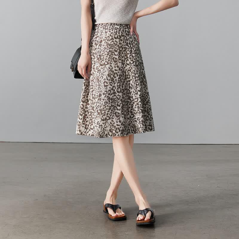 SOFSIL 2026 Summer Retro Leopard Print A-Line Midi Skirt 28/L