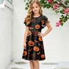 Children's ruffled sleeve dress with round neckline, A-line style, casual Halloween print dress