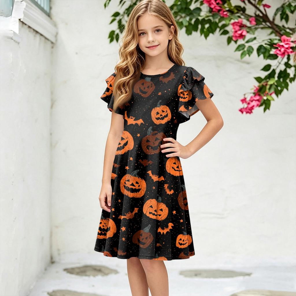 Children's ruffled sleeve dress with round neckline, A-line style, casual Halloween print dress