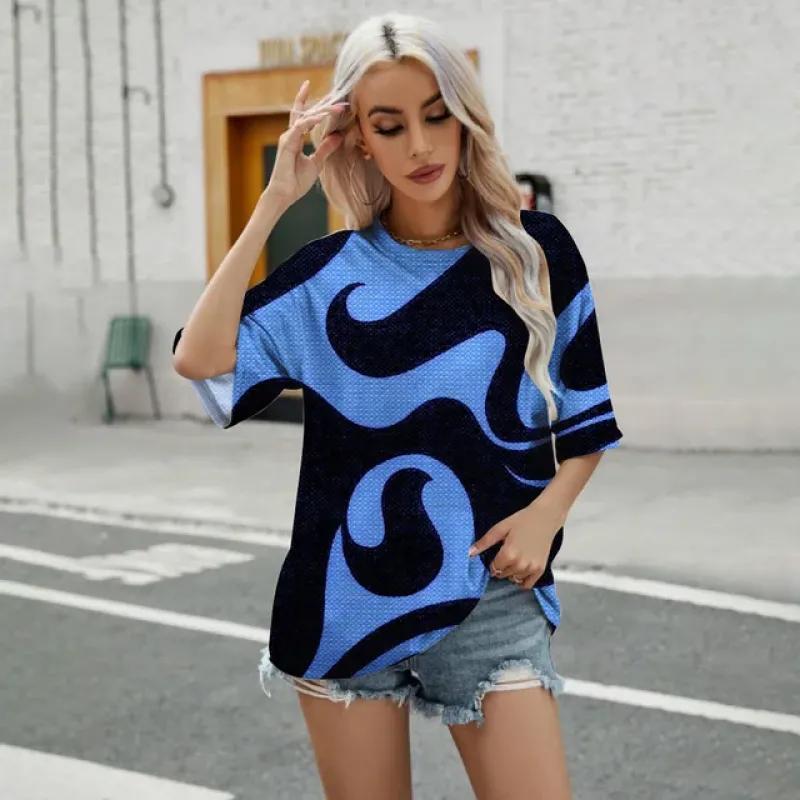 Women's V-neck T-shirt Retro Stripe Pattern Print T-shirt Fashion Women's Short Sleeved T-shirt 2024 Summer Leisure T-shirt