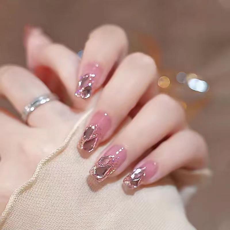 Yajie Na Aurora Pink Diamond Shiny Wearable Blush Fake Nails Stickers