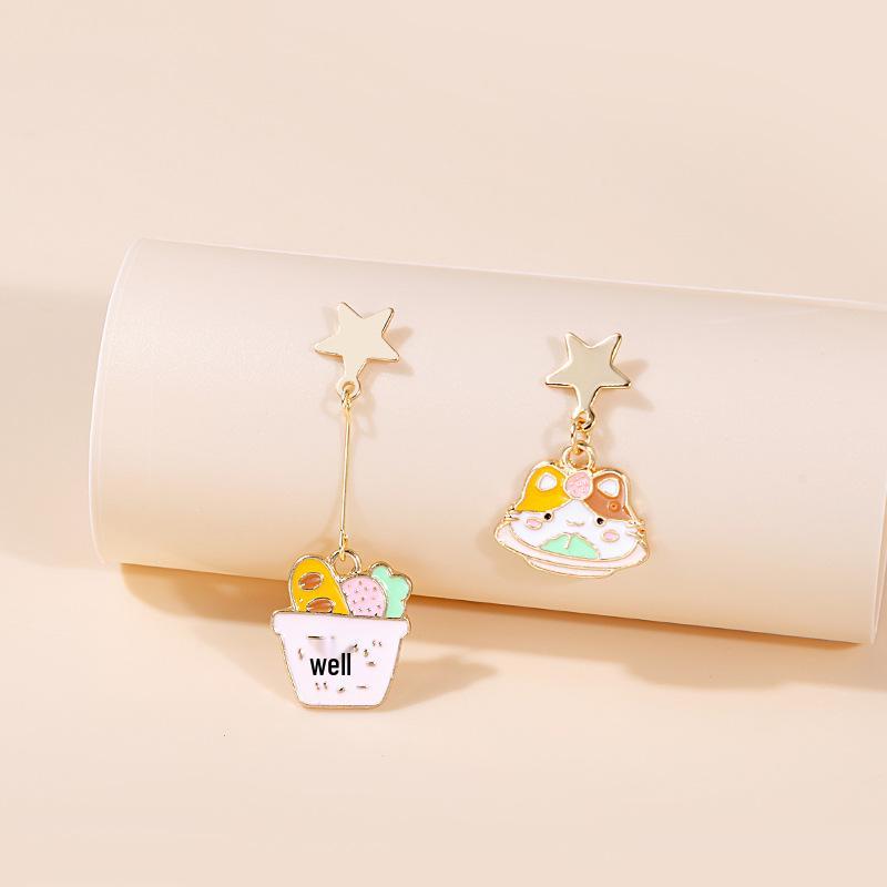 Brincos Assimétricos Urso Balão Agulha de Prata e Coelho Arco-Íris - Gatinho de Desenho Animado Fofo, Bolo, Margarida e Tachas de Anjo