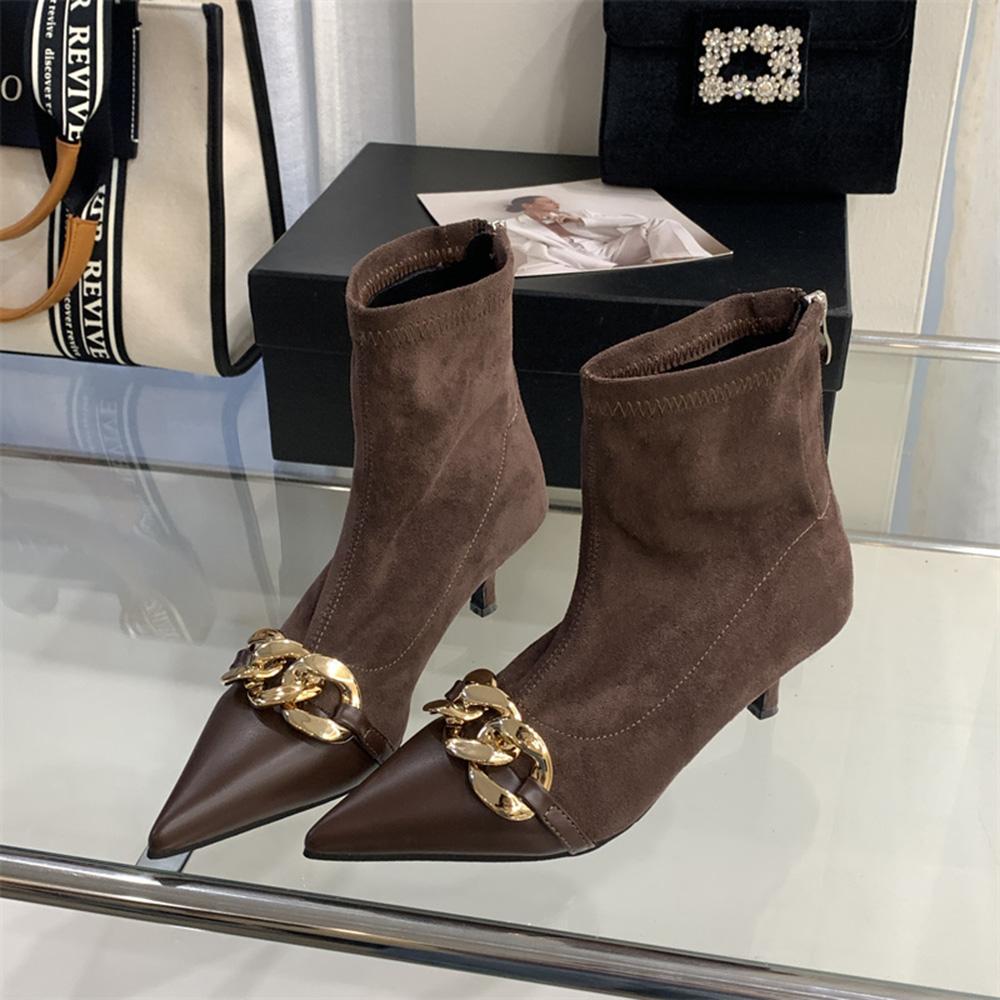 

Мода 2024 Новые поступления Женские ботильоны Chelsea Botas Тонкие средние каблуки Металлическая цепочка Размер 35-40 Осень Зима Носки Botas Размер 35-40 250 коричневый