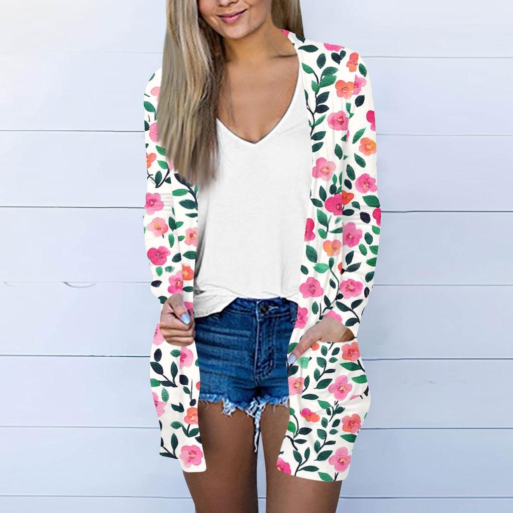 Women's Casual Fashion Floral Print Long Sleeve Mid-Length Cardigan Jacket
